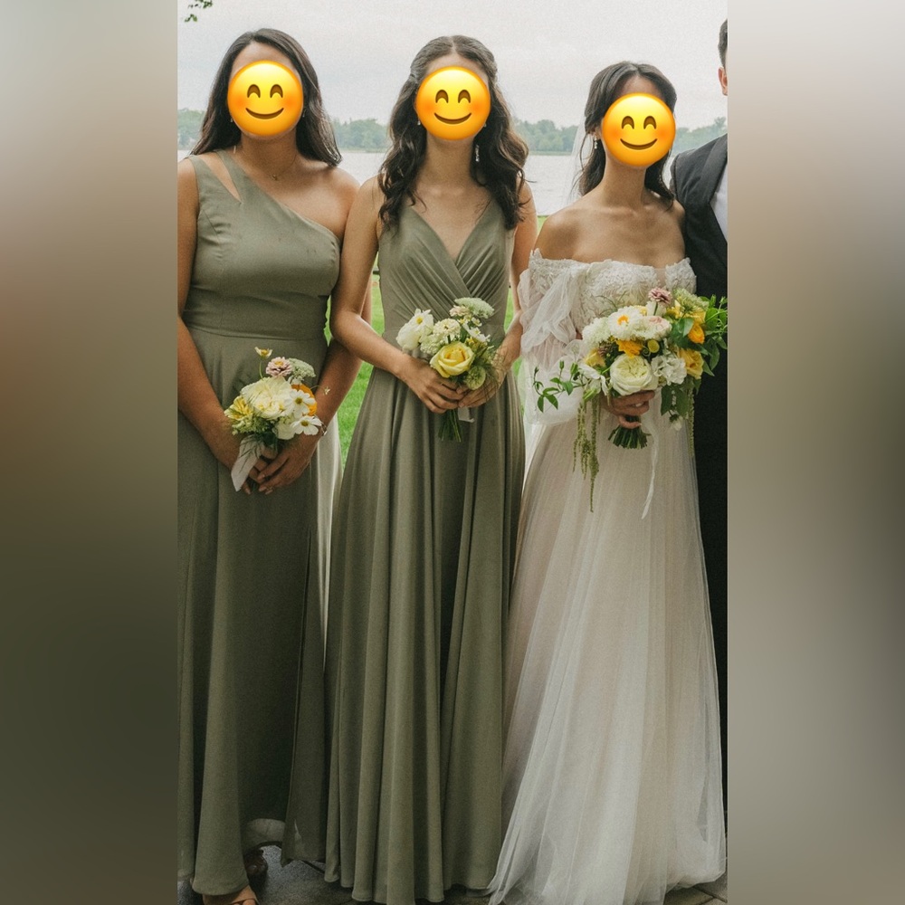 David’s Bridal Sage Green V Neck Bridesmaid Dress